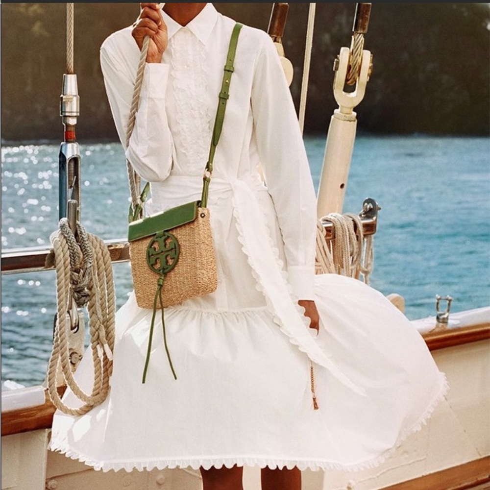 Tory Burch white scalloped shirt dress. Missing belt.